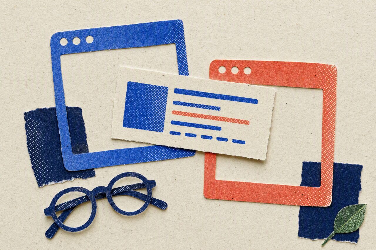 A tactile paper collage of an article card moving between blue and red browser-shaped frames, with reading glasses nearby.